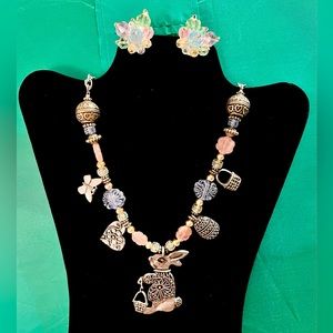 Vintage Marcie Pewter Bunny Rabbits Charm Necklace & Clip On W Germany Earrings